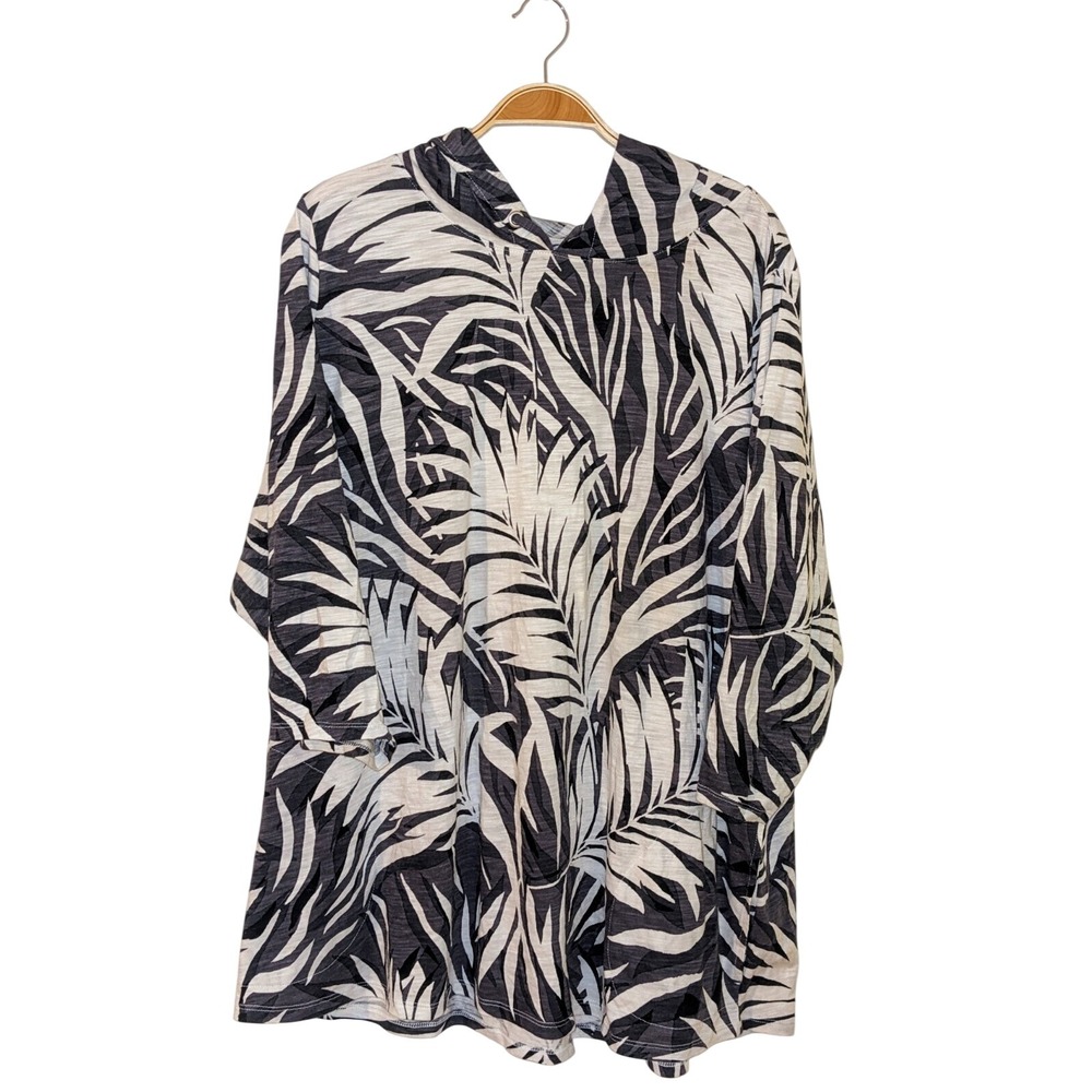 Belle Kim Gravel 2X Black White Palm Leaf Print Hooded Tunic Top